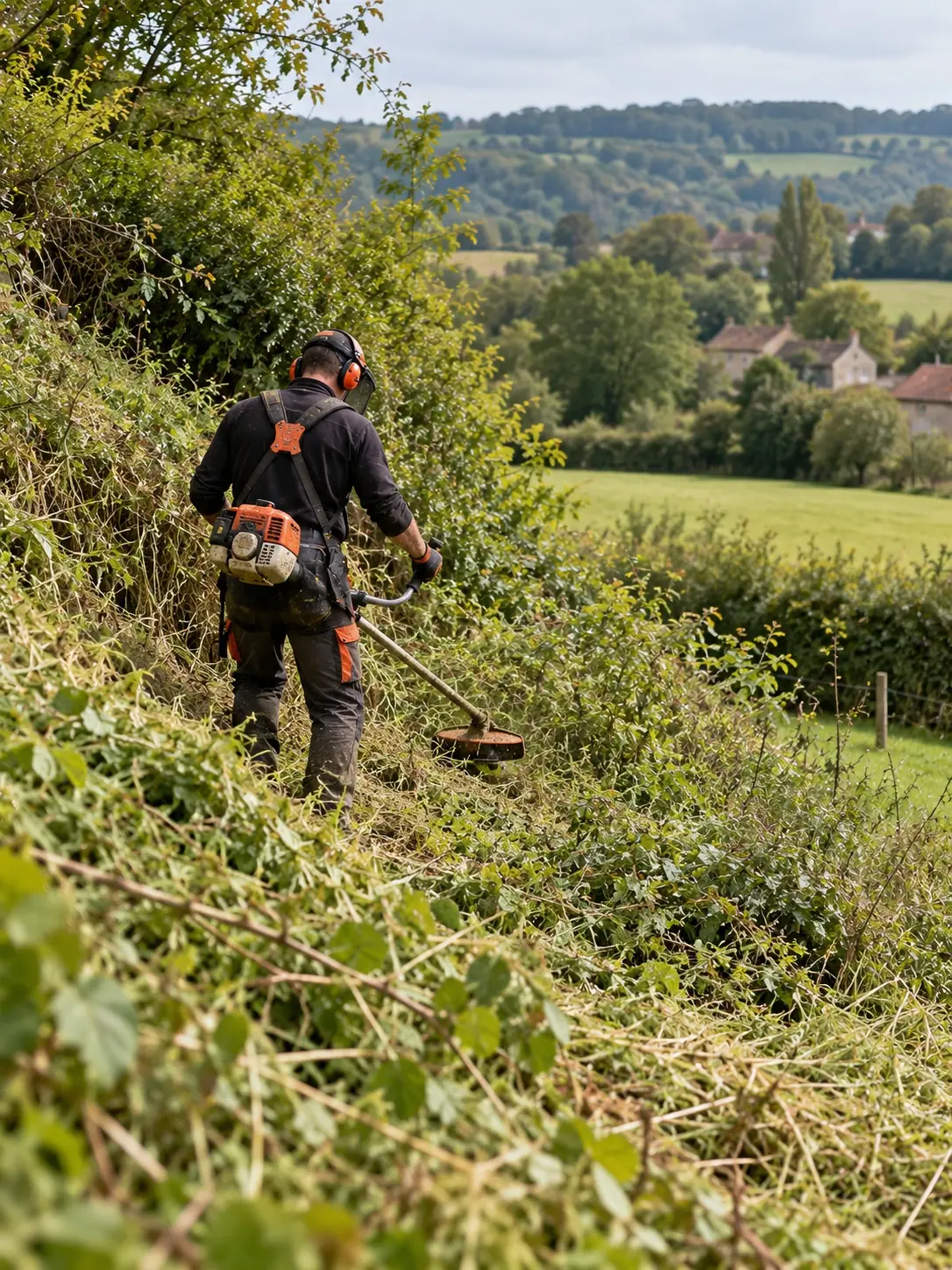 Débroussaillage d'un talus envahi de ronces, chantier CED'Élagage en Nord-Isère