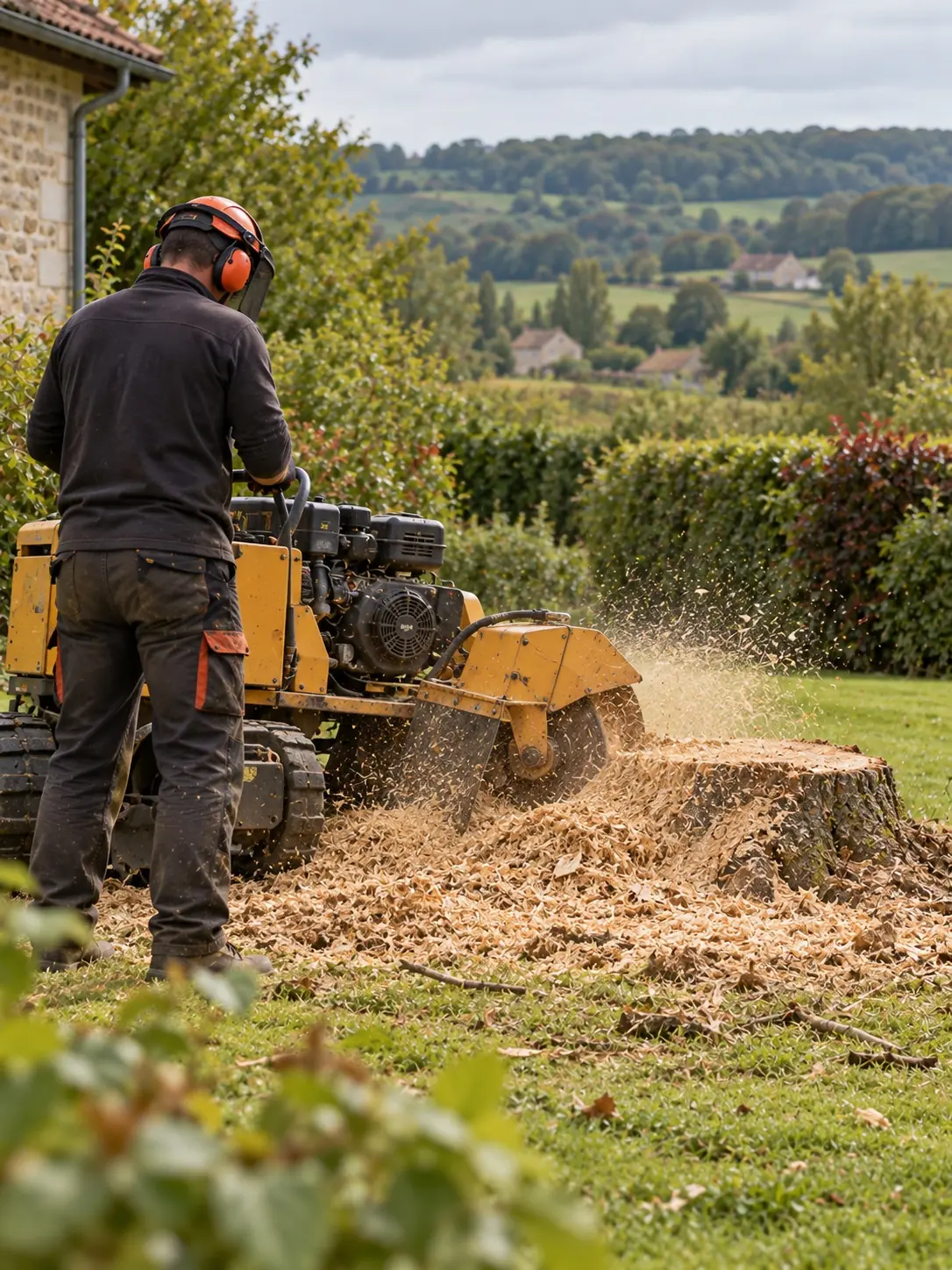 Rognage d'une souche après abattage, chantier CED'Élagage en Nord-Isère